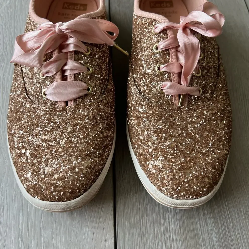 Kate Spade Keds Glitter Sparkle Rose Gold Ribbon Lace Sneakers size 8.5 - Picture 5 of 7